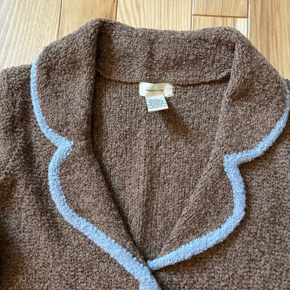 Y2K Anthropologie Sleeping On Snow Brown Boucle Blue Trim Cardigan Sweater - Picture 2 of 11